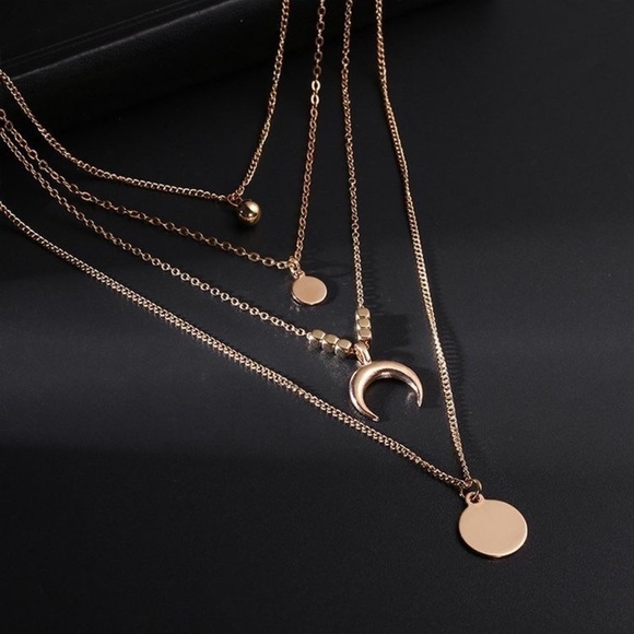 Moon/Disc Pendant, Multi-layer Necklace; Gold - Picture 3 of 10
